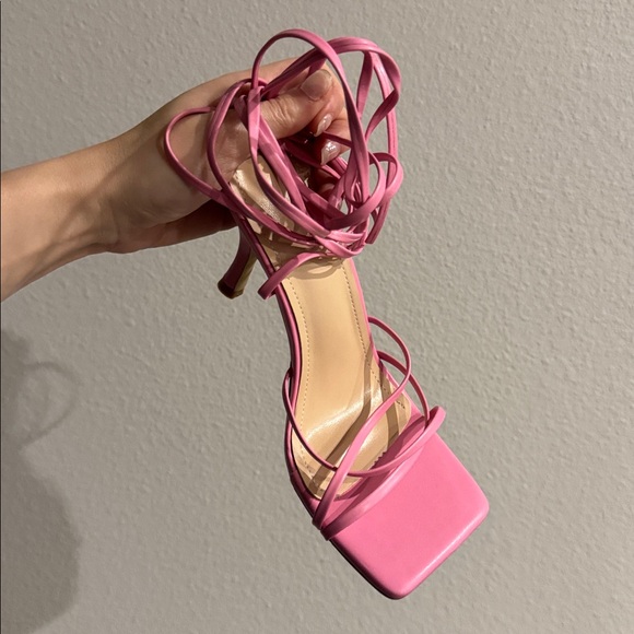 Powder Baby Pink Square Toe Wrap String Heels - Picture 3 of 6